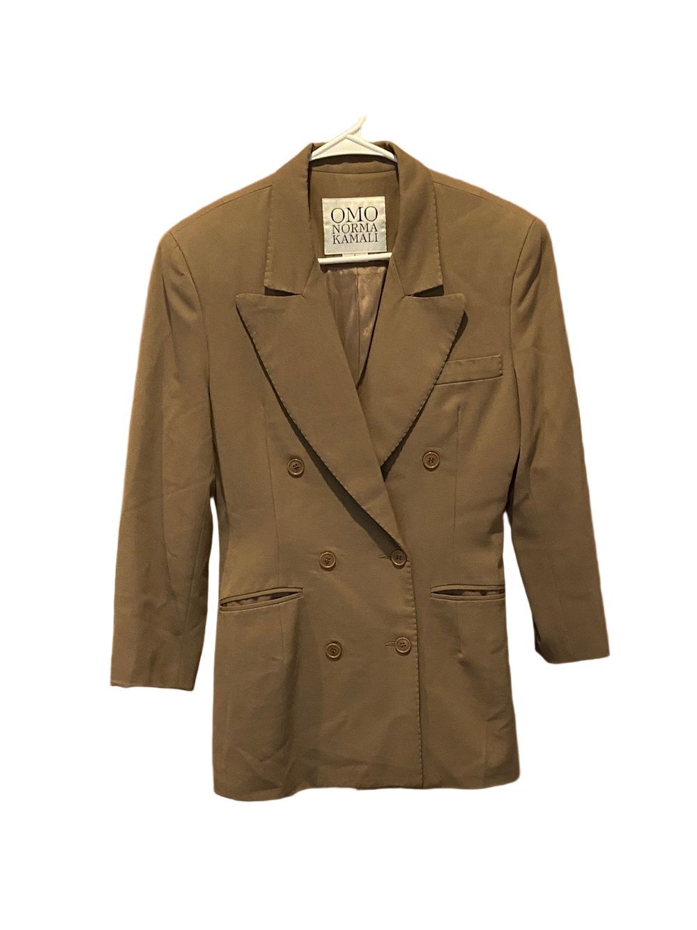 Omo Norma Kamali Vintage 80s Tan Wool Structured Double Breasted Blazer Size 6